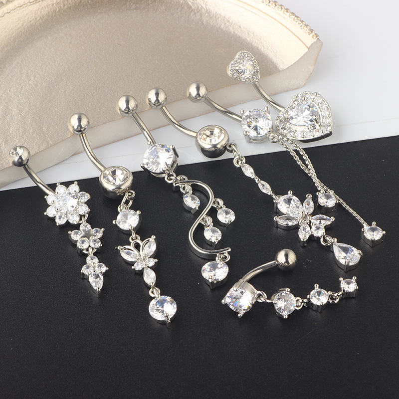 Mixed Zircon Navel Ring Set - 7-Piece Belly Button Piercing Jewelry with Heart Shape detail image 10