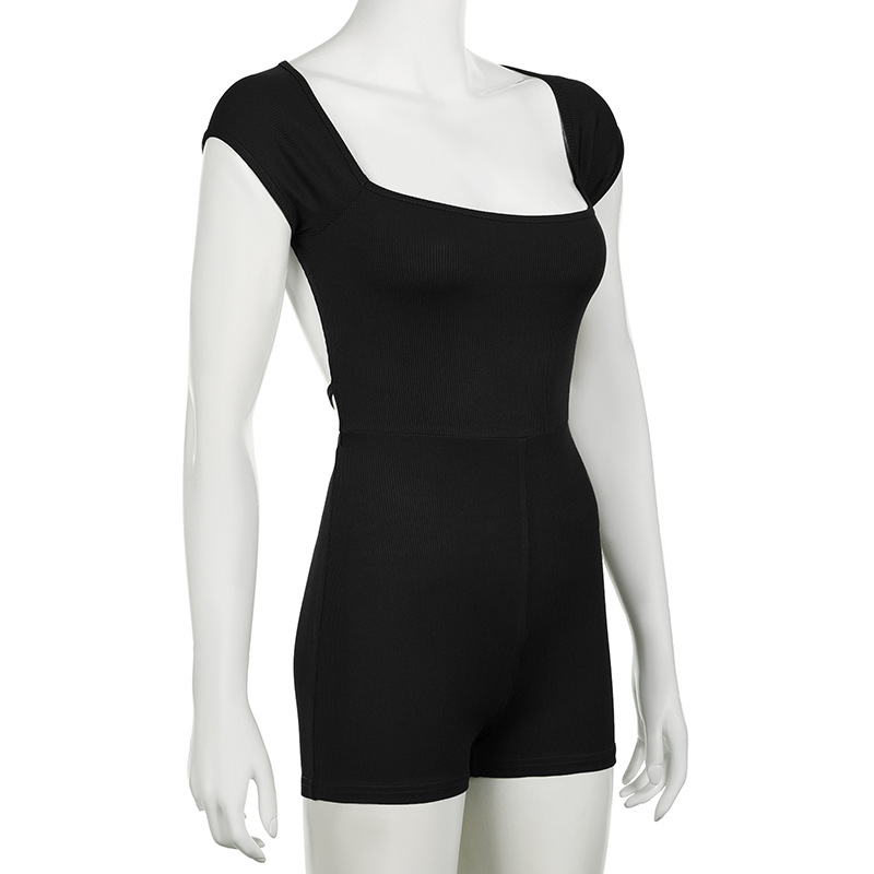 Sports Women Clothing Solid Color Hollow Out Cutout Backless Lace up Jumpsuit Sexy Sheath One Piece Top Shorts Outer Wear