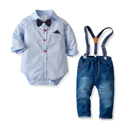 Cross-border baby suit, boy toddler, spring and autumn, triangular collar, tie, denim overalls set, crawling suit