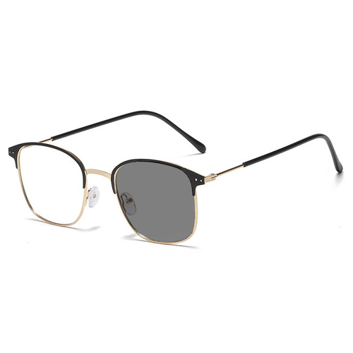 New literary retro square half-rim glasses frame cross-border fashion ultra-clear metal black frame anti-blue light discoloration glasses