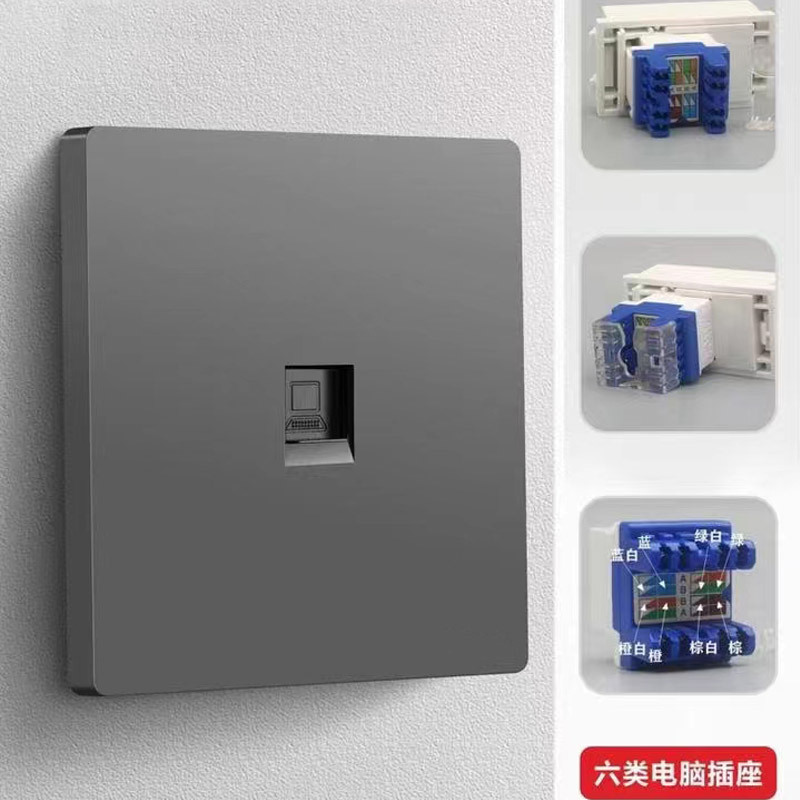Super Six Network Computer Wall Outlet Fiber Two and Dual-port Computer Panel 86 Type Gigabit Ethernet Cable Gray
