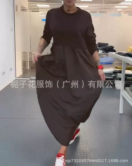 跨境女士连衣裙亚马逊独立站欧美秋冬新款纯色长袖圆领连衣裙女装