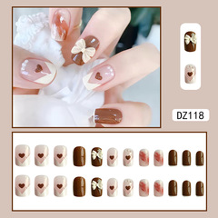 Love Heart False Nail Stickers French Coffee White Handmade Wearable Nails Short French Pearl Jelly Glue Nail Sticker Wholesale