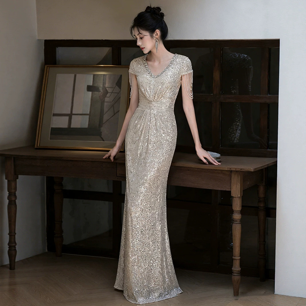 Elegant Silver Sequin Fringe Evening Gown, Mermaid Tail Dress For Formal Banquets, Hosting, Gala Dinners, Pageants_ecoleips.com
