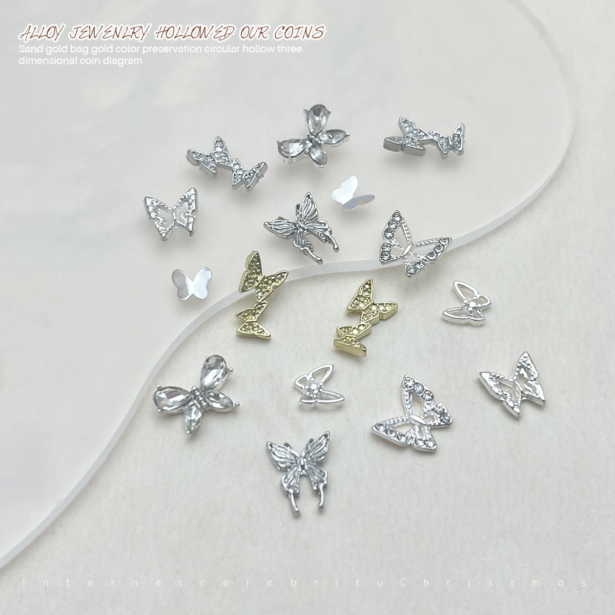 Red mini mariposa de dedo pequeña joyería de manicure super brillante cristal de zircón aleación mariposa accesorios taladro de manicure tridimensional