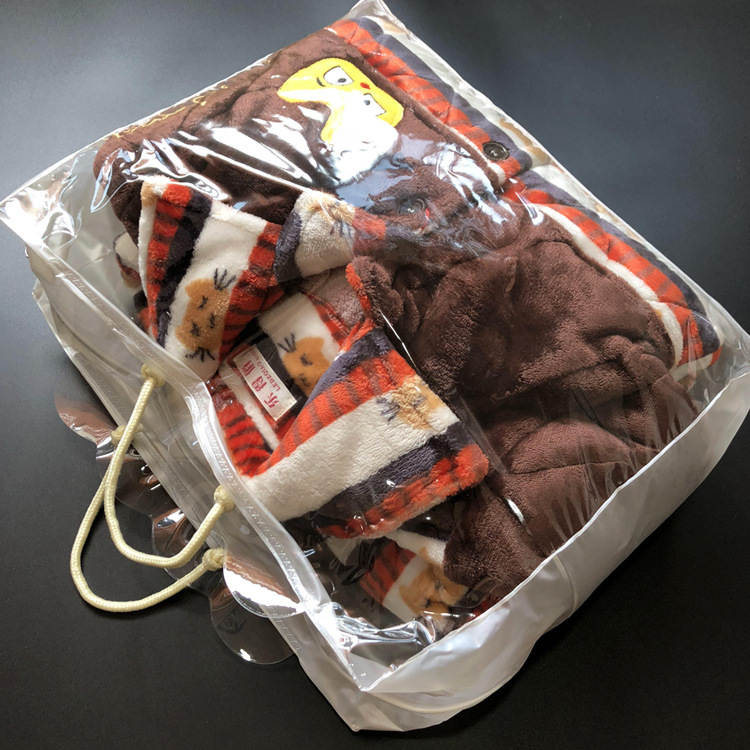 现货PVC夹棉手提拉链袋绳子珠光白色高档睡衣塑料立体包装袋大小