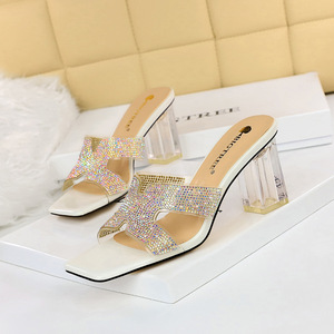 5016-1 han edition outside the fashion to wear female cool slippers with square head peep-toe transparent thick with hig