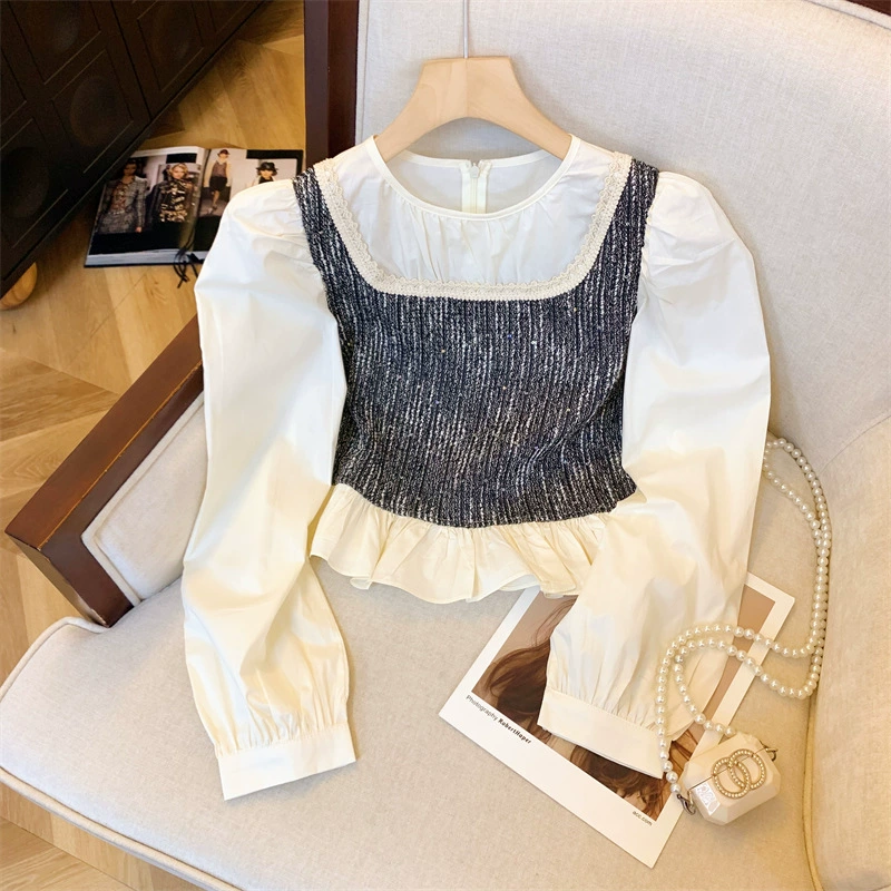 Французский ретро поддельные два цвета с блестками, рубашка, женская осень, новый дизайн, нишевые шикарный топ