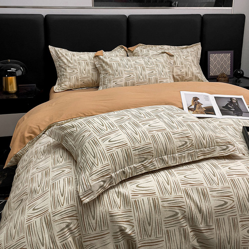 Pure cotton brushed printed four-piece set simple autumn and winter thickened 100 cotton quilt cover sheets retro high-end bedding