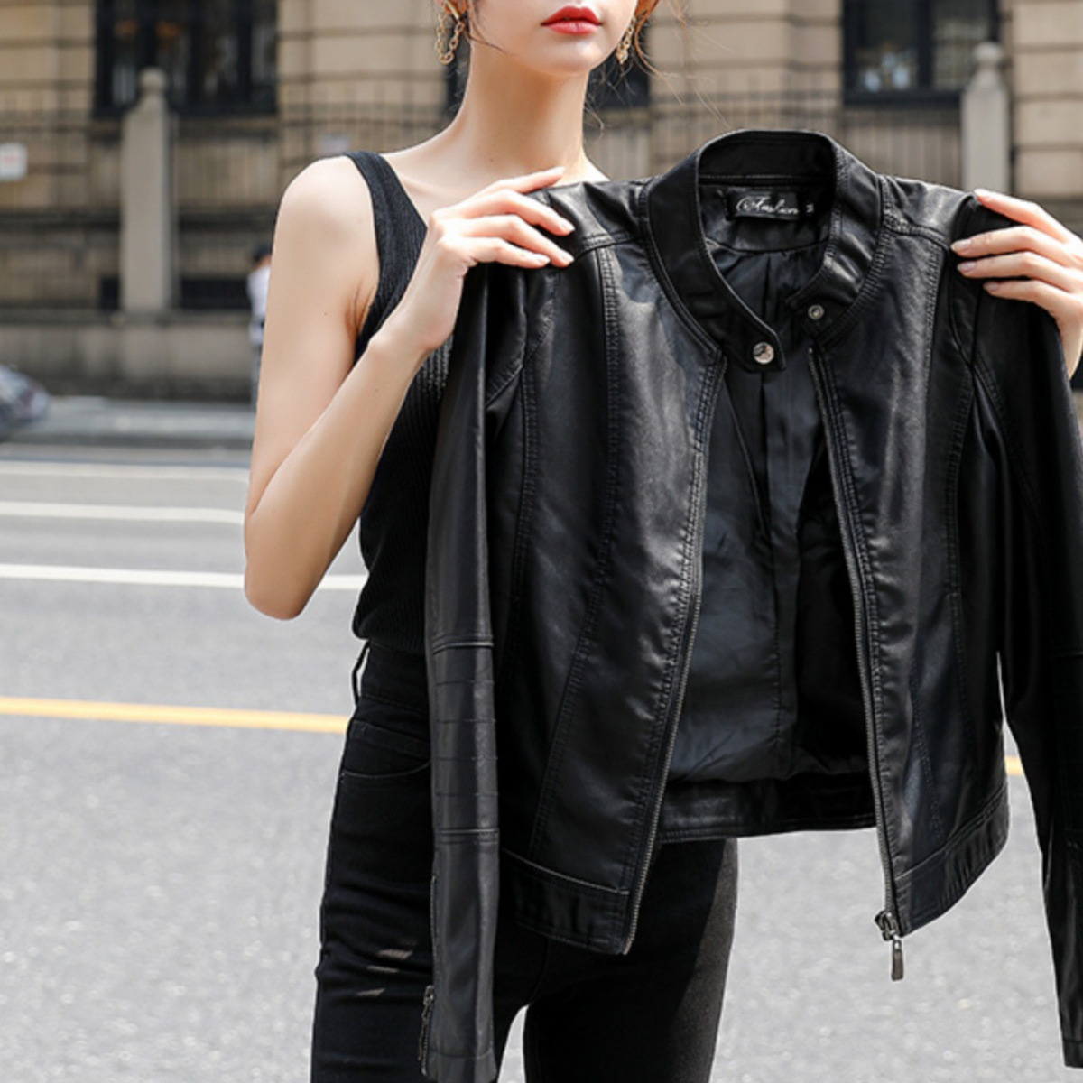 2025 New Short Leather Jacket Women's Jacket Spring & Fall Motorcycle Stand Collar Haining Popular High-End Black Pu Leather Jacket