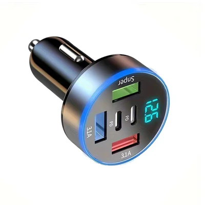 Car Adapter Car Charger with | Mobil şarj cihazları - opp-bag-five-port-round-digital-display-super-fast-charging-3usb2c