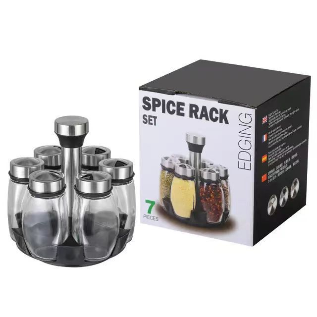 Cocina doméstica almacenamiento rotativo combinación condimento tanque conjunto de botella de condimento de vidrio acabado MSG seis en un condimento tanque