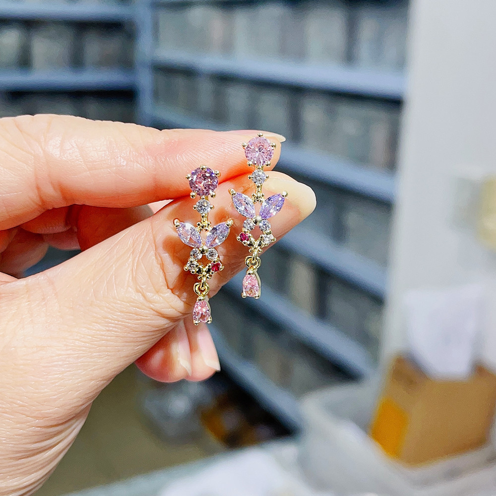 1 Pair Quantity Fashion Butterfly Copper Inlay Zircon Drop Earrings 1 Pair