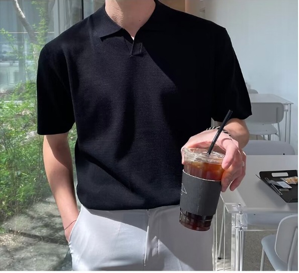 Polo de cercanías suave y ceroso, tejido mezclado de seda de hielo, manga corta, ligero y sedoso, no es fácil de penetrar, camisa de fondo superior coreana