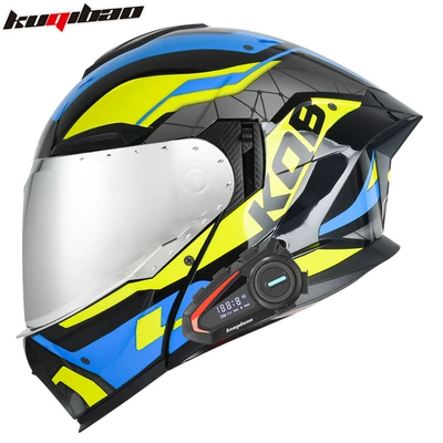 Motosiklet kaskı (dəbilqə) — 3C Certified Full-Face Helmet - bright-black-guard-yellow-and-blue-with-k20-bluetooth-with-silver-plating-m