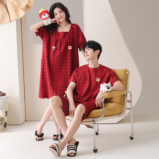 Newlywed Wedding Couples Pajamas Summer Cotton Short-sleeved Thin Red Festive wine red Cotton Home Clothes suit