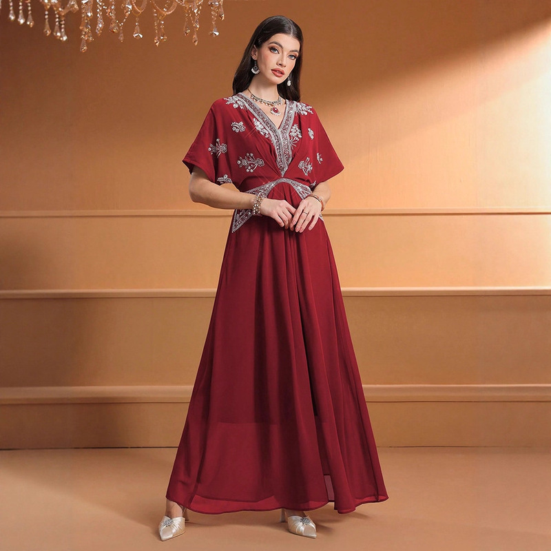 Ky-Hc04 Cross-Border Long Dress with V-Neck, Fashionable Solid Color Rhinestone Dress, Elegant Party Dress, Holiday Dress