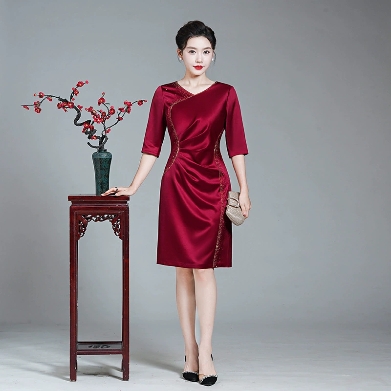 Cheongsam Уксусная Кислота Атласная Новое Свадебное Платье Для Матери Благородная Счастливая Тетя Свадебное Платье Западный Стиль Slim Fit Платье Осень