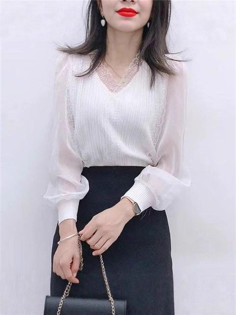 秋季新款蕾丝雪纺拼接针织衫长袖V领修身衬衫女御姐风洋气百搭