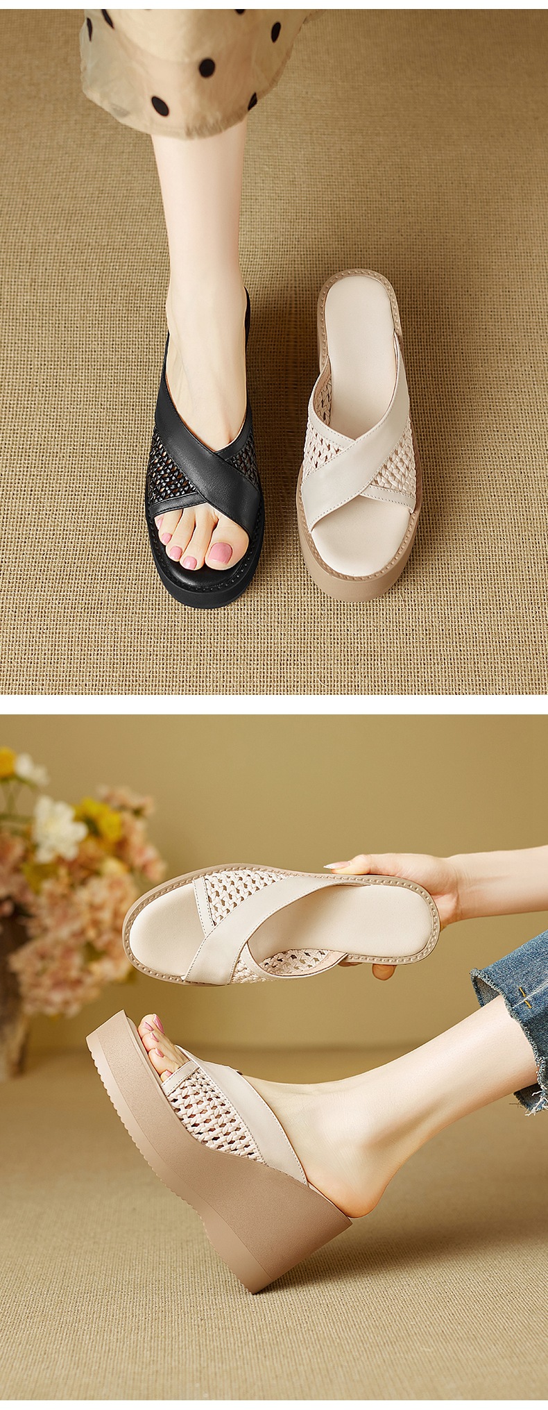 Sandal cao gót nữ mũi cá dày đế xuồng, chất liệu da bò đầu, thiết kế đan rỗng quai ngang — đen chi tiết 1