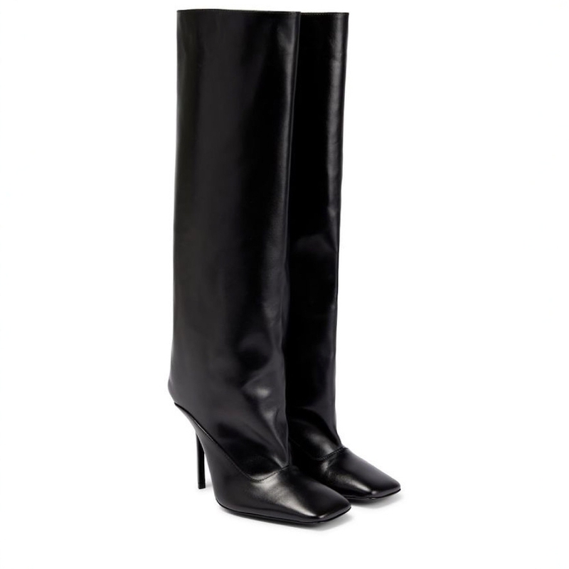 2024 European and American Cross-Border New Stiletto Square Toe Knee-High Boots Versatile Slimming Look Sleeve Boots Large Size Women's Shoes