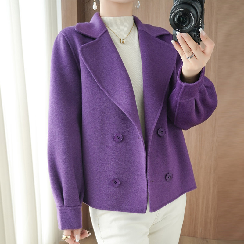 Purple Double-Sided Cashmere Coat Women's Hepburn Style Short Pure Wool Dress Collar Woolen Thickened Coat for Small Women