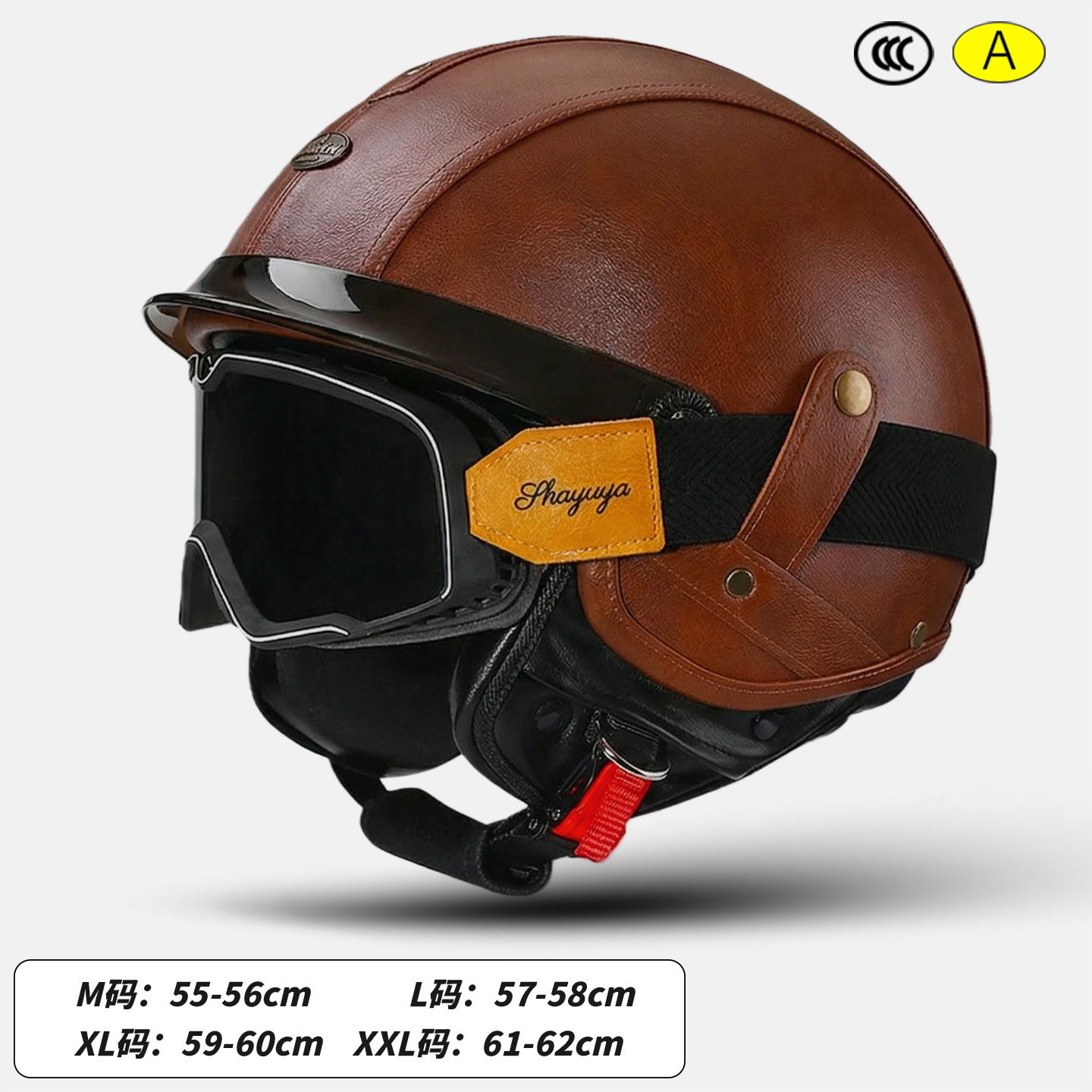 Motosiklet kaskı (dəbilqə) — Motuoche 3/4 Leather Helmet - leather-surface-brown-goggles-size-m-55-56cm