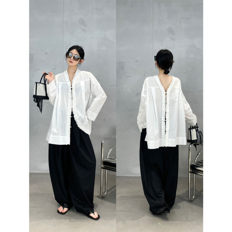 Nanyu Korean Order 100% Combed Cotton Ruffle Edge Patchwork Reversible Women's Shirt Spring Nanyu Korean Order 100% Combed Cotton Ruffle Edge Patchwork Reversible Women's Shirt Spring