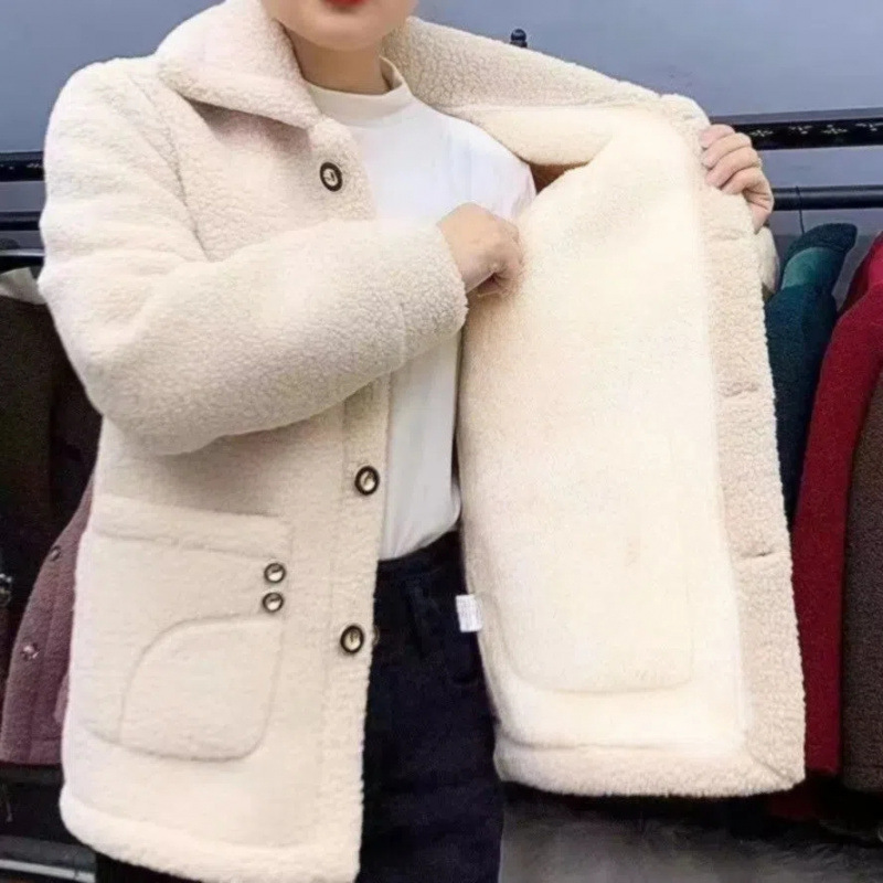 Fleece-Lined Thickened Faux Shearling Fur Coat for Women, Mid-Length Warm Fur Jacket