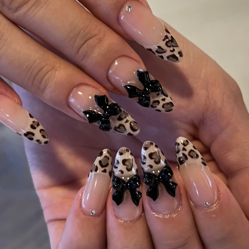 European and American Wear Armor Autumn and Winter Leopard French 3D Bow Diamond Removable Fake Nail Nail Nail