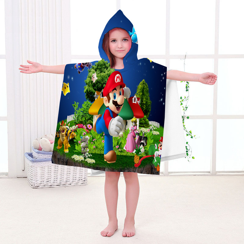 跨境兒童浴袍 馬里奧 洗澡 可穿毛巾棉連帽斗篷浴巾沙灘巾