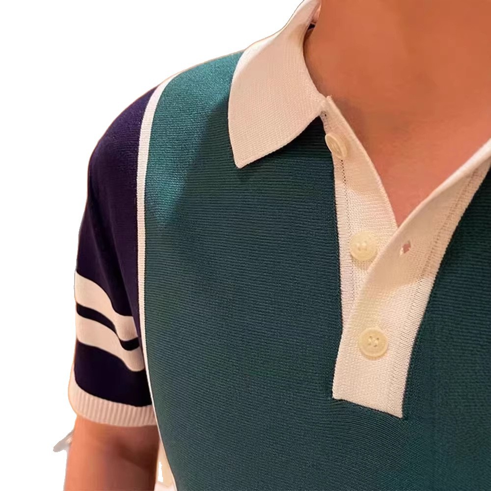 Abbigliamento uomo T-shirt casual da uomo con blocchi di colore, estiva, di alta qualità, vestibilità slim, collo alto, maniche corte, adatta per occasioni formali e informali_voghion.com