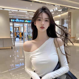 TZ5701小个子白色斜领露肩长袖T恤女纯欲性感辣妹修身显瘦短上衣