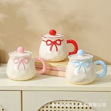 ins风手工布袋杯清新可爱蝴蝶结陶瓷杯 小众马克杯送女生生日礼物