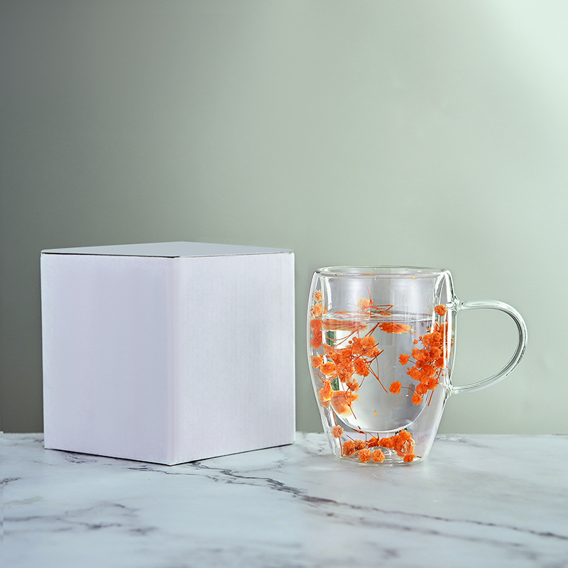 Caneca de vidro parede dupla resistente ao calor com flores secas_voghion.com