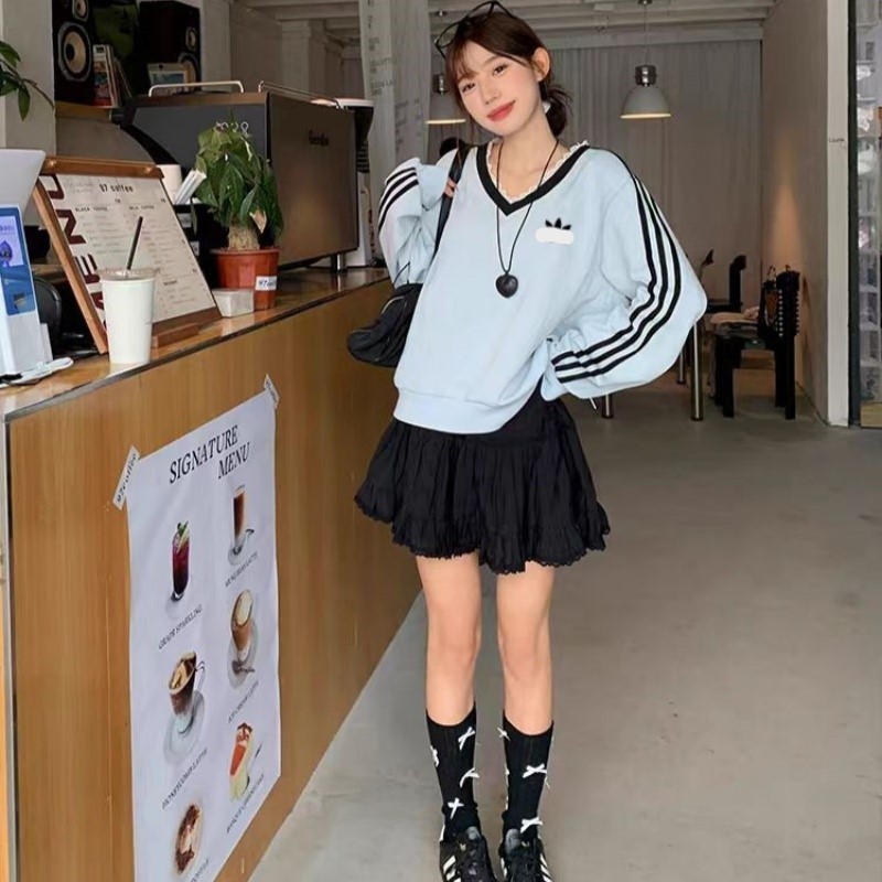 三条杠V领花边卫衣女款春秋季长袖T恤休闲运动上衣刺绣logo外套|undefined