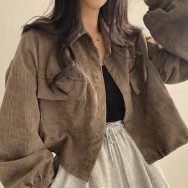 韩国chic2024秋装法式复古百搭单排扣翻领灯芯绒衬衫长袖外套女潮