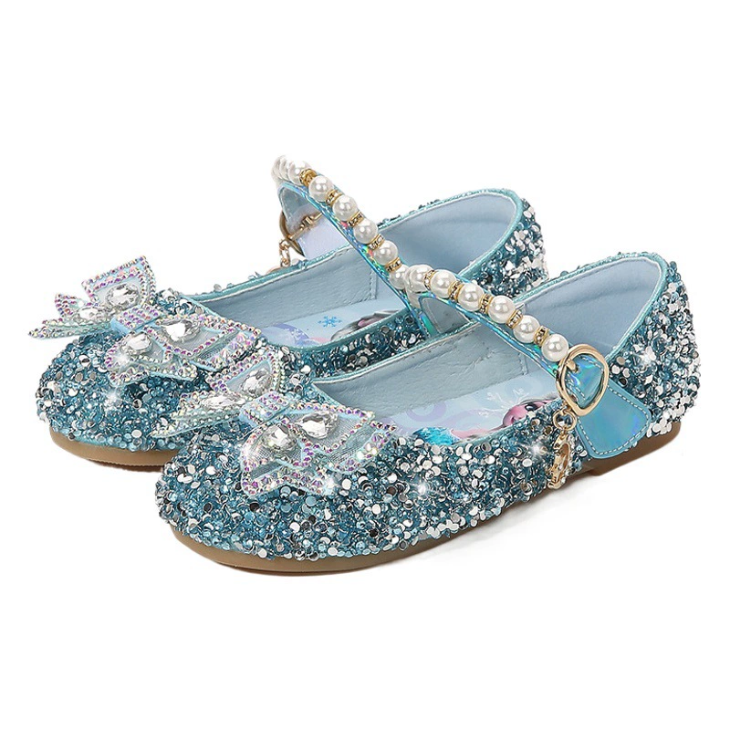 Детские туфли для девочек в стиле принцессы, весенне-осенние, из мягкой кожи, с бантом, пайетками, стразами, кристаллами Эльзы, в стиле принцессы.