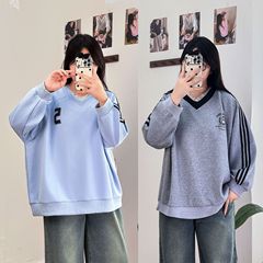 秋装新款韩版超大码宽松蕾丝花边V领印花卫衣胖妹妹遮肉上衣8414