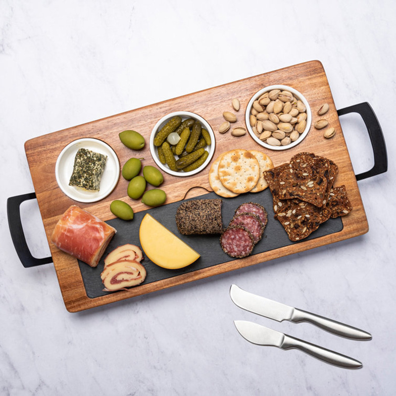 Tabla de cortar de madera extra gruesa con cuchillo de pizarra y tenedor traje de tablero de corte creativo con mango tablero de filete de postre de frutas