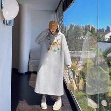 秋冬简约慵懒风连帽长款韩国代购加绒大码印花卫衣连衣裙女长裙潮