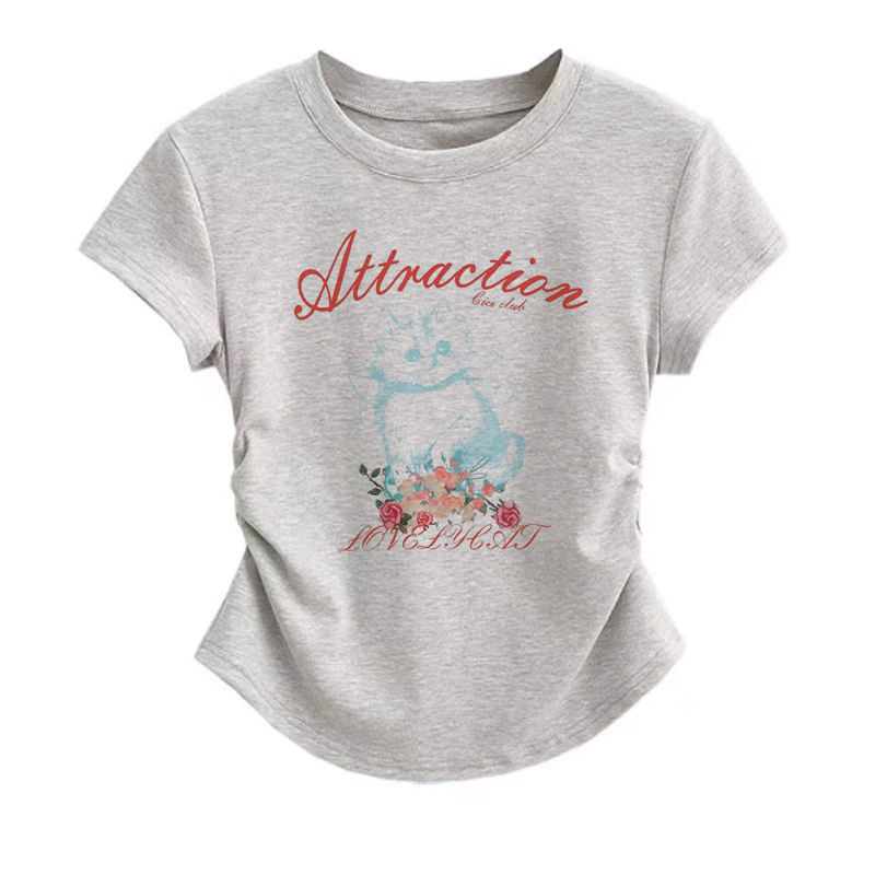 Trendy Brand Printed Pure Cotton Short-sleeved T-shirt Tight Waist Pleated Hot Girl Tight Shirt Shoulder Round Neck Top Summer New