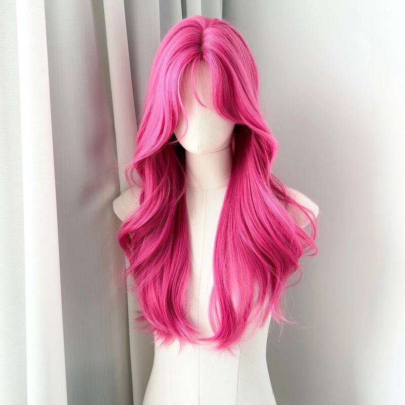 Fashionable Female Group Style Wig in Rose Red with Bangs, Large Wavy Long Curly Hair, Realistic Scalp, Full Wig Fashionable Female Group Style Wig in Rose Red with Bangs, Large Wavy Long Curly Hair, Realistic Scalp, Full Wig