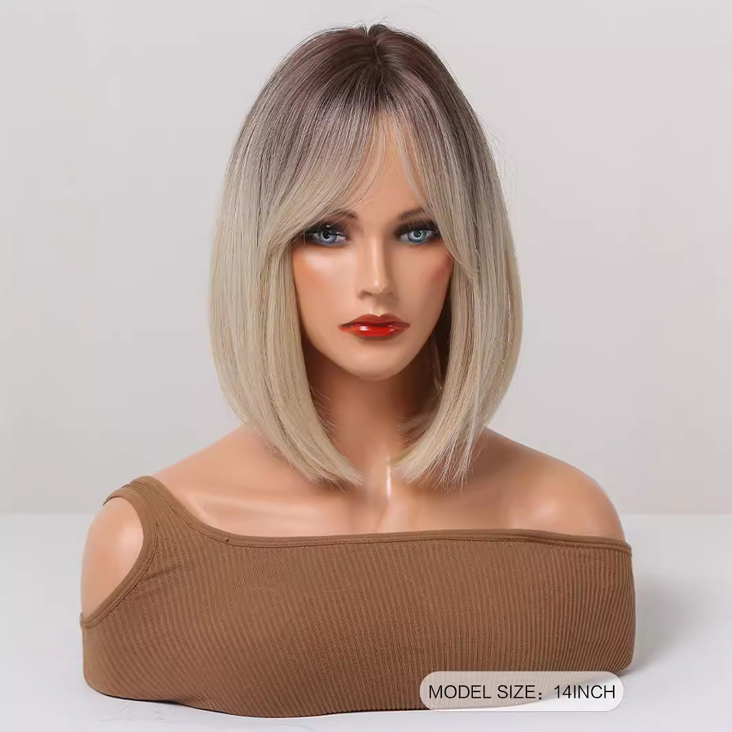 Pelucas europeas y americanas con degradado dorado, flequillo en forma de ocho, pelo corto y liso, mate, seda de alta temperatura, red de rosas, venta al por mayor image 3