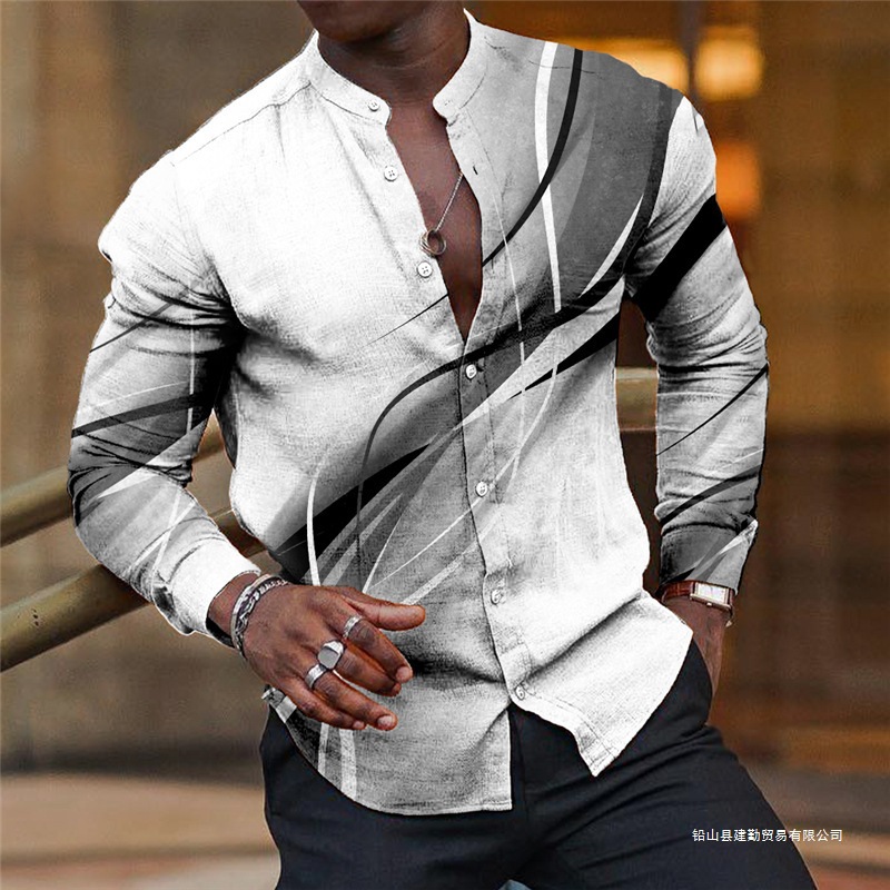 Comercio exterior 2024 camisa de manga larga Amazon ropa de hombre impresión de otoño hombre nuevo estilo europeo y americano Wish collar vertical