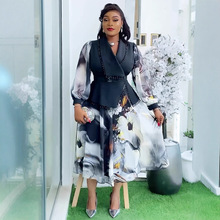 跨境大码女装优雅通勤非洲外贸欧美秋冬气质显瘦撞色印花连衣裙