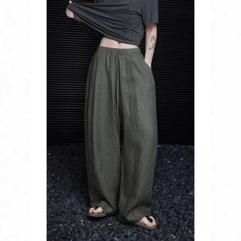 Moment Green Linen Wide-Leg Pants for Women 2026 Summer New Hot Style High-Waisted Loose Casual Straight Pants