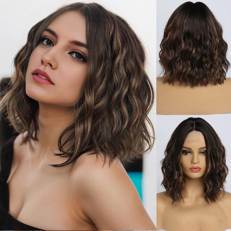 Women's brown HD net 14 inch hand hook 13 × 4 wig short shoulder length middle part curled wave