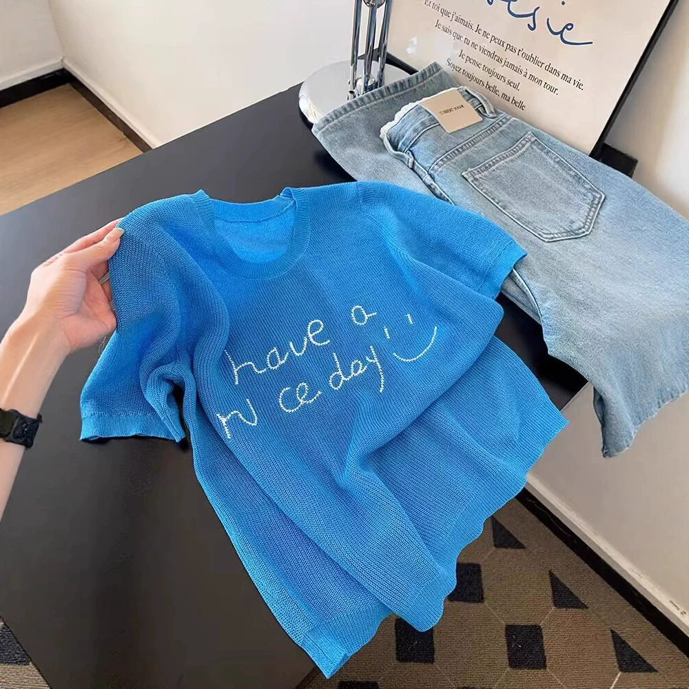 Вязаная футболка с короткими рукавами из ледяного шелка Dopamine, новинка лета 2025, свободный и очень красивый топ