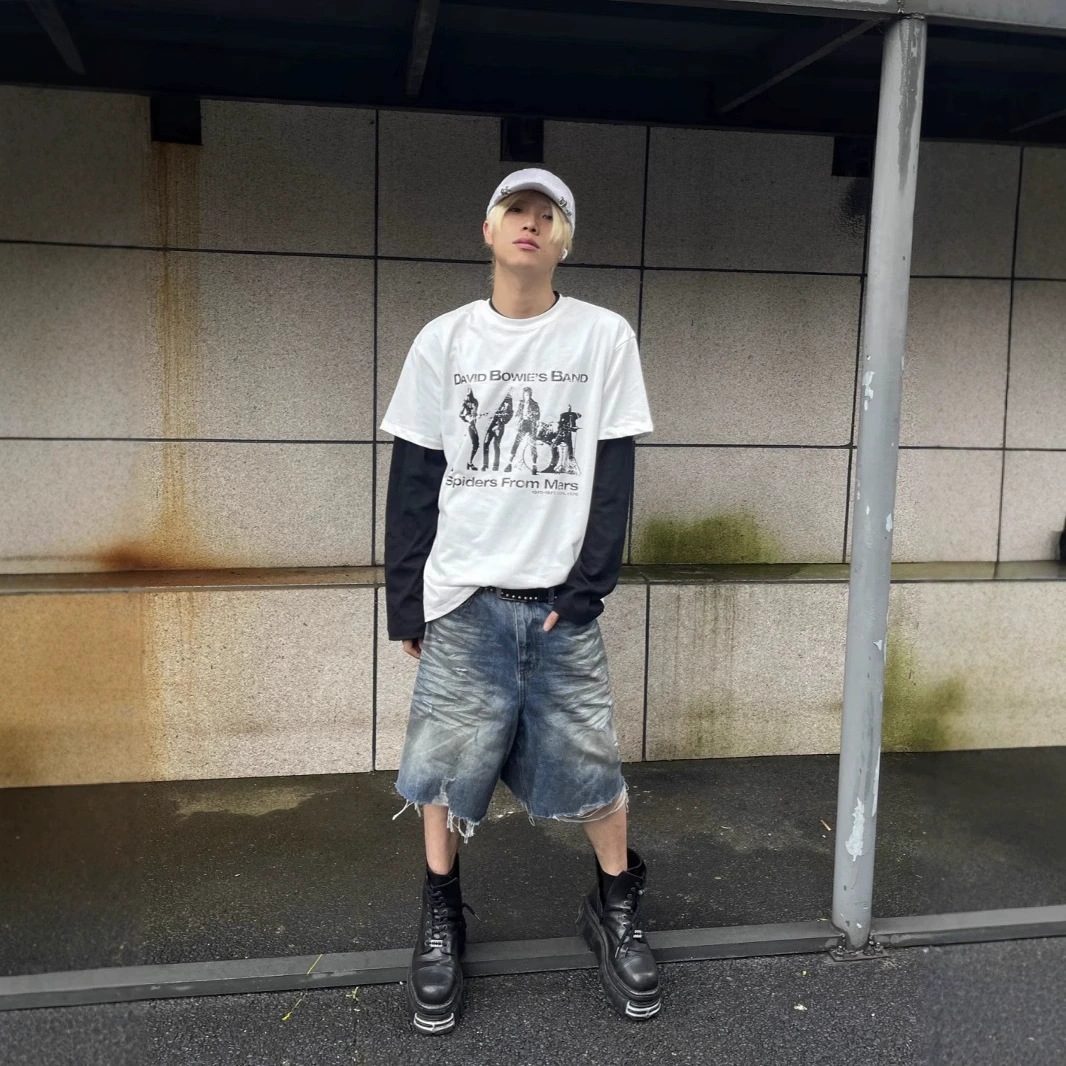 Jimo Grailz Летний американский прилив разрушает кисточки грязи красит старые прямые джинсовые шорты-укороченные брюки